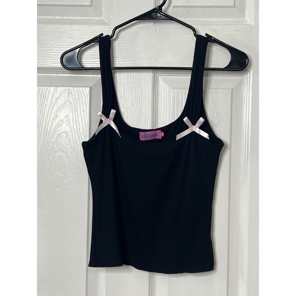 Edikted Bow Tank Top Black Ribbed Coquette Balletcore Y2K Cami Romantic Size M - Picture 2 of 6